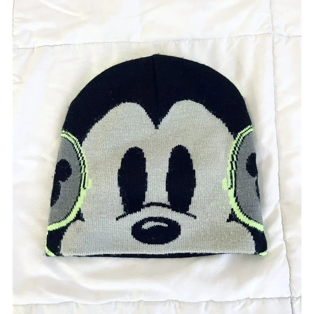 Disney Parks Black Neon Green Mickey Beanie Hat